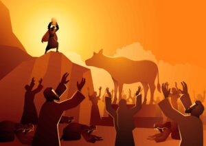 An illustration depicting figures in a desert landscape worshipping a golden calf at sunset. One figure holds an object aloft in front of the calf, while others raise their hands in reverence.